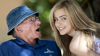 Cool teen deepthroats granddad outdoors and she guzzles it all