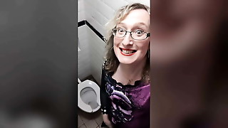 Ash-blonde Post Op Tgirl Lisa does Pee game in the Pub Toilets Wearing Crimson Leather Trousers